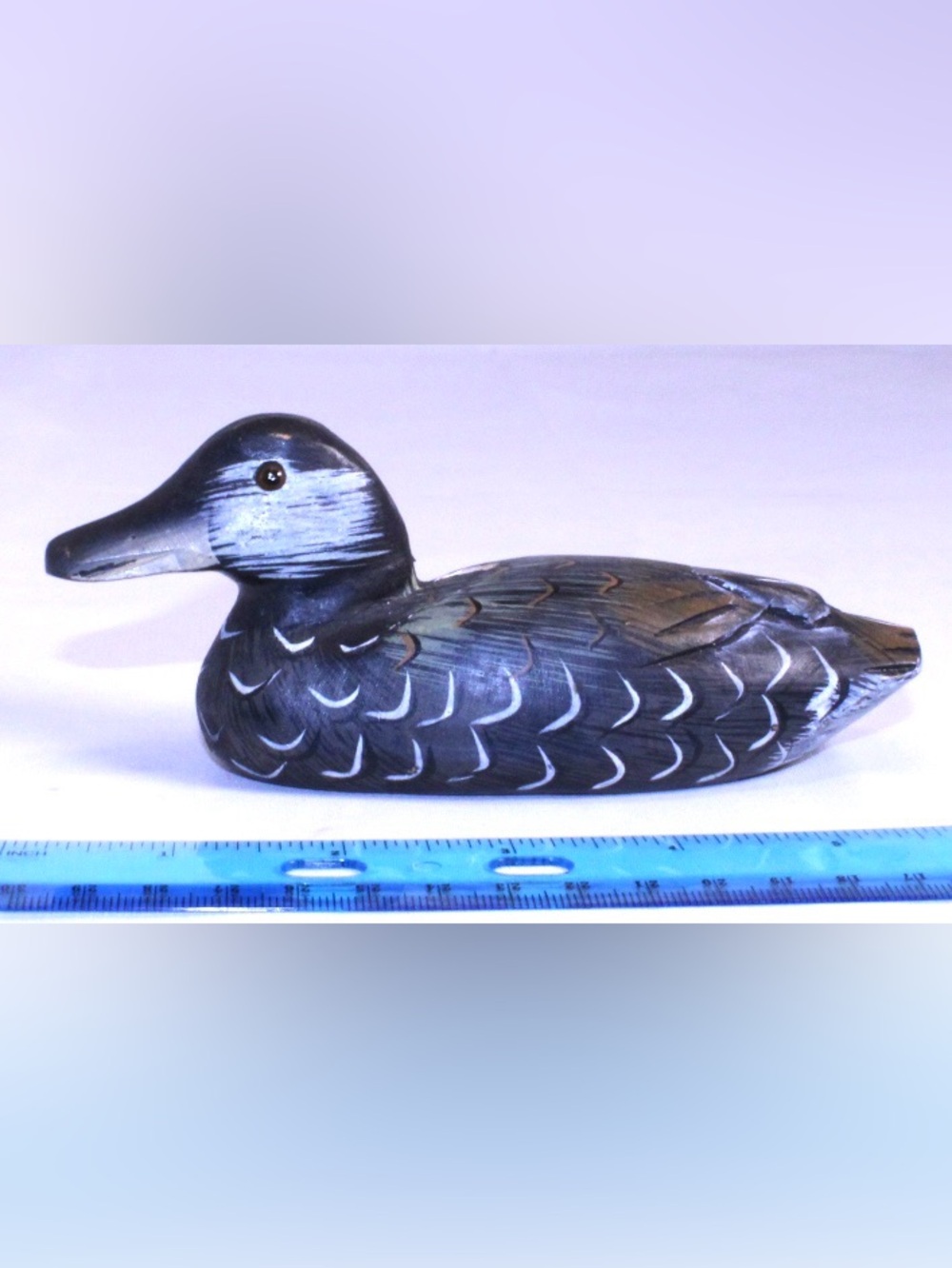 Hand-Painted mini Wooden Duck Decoy in Black and White - Glass Eyes